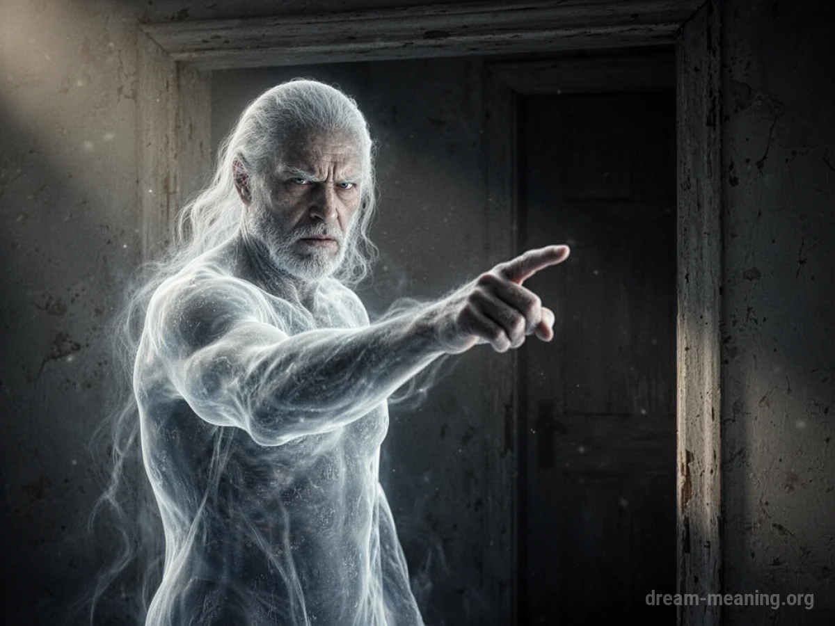 A ghostly figure pointing towards a dark doorway.