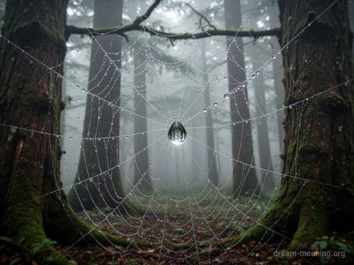 A large, detailed spider web spanning between trees in a foggy forest.