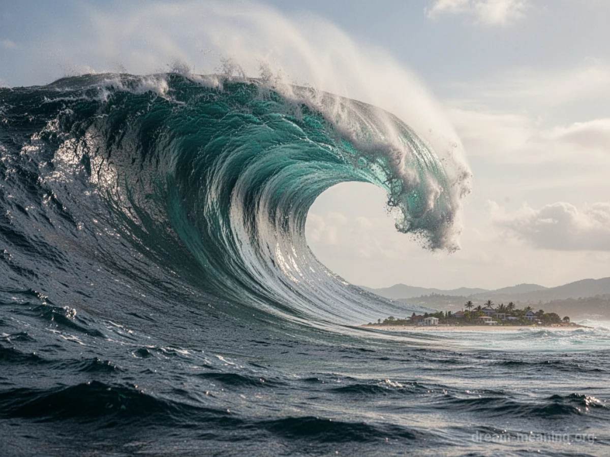 A massive wave cresting on the ocean.