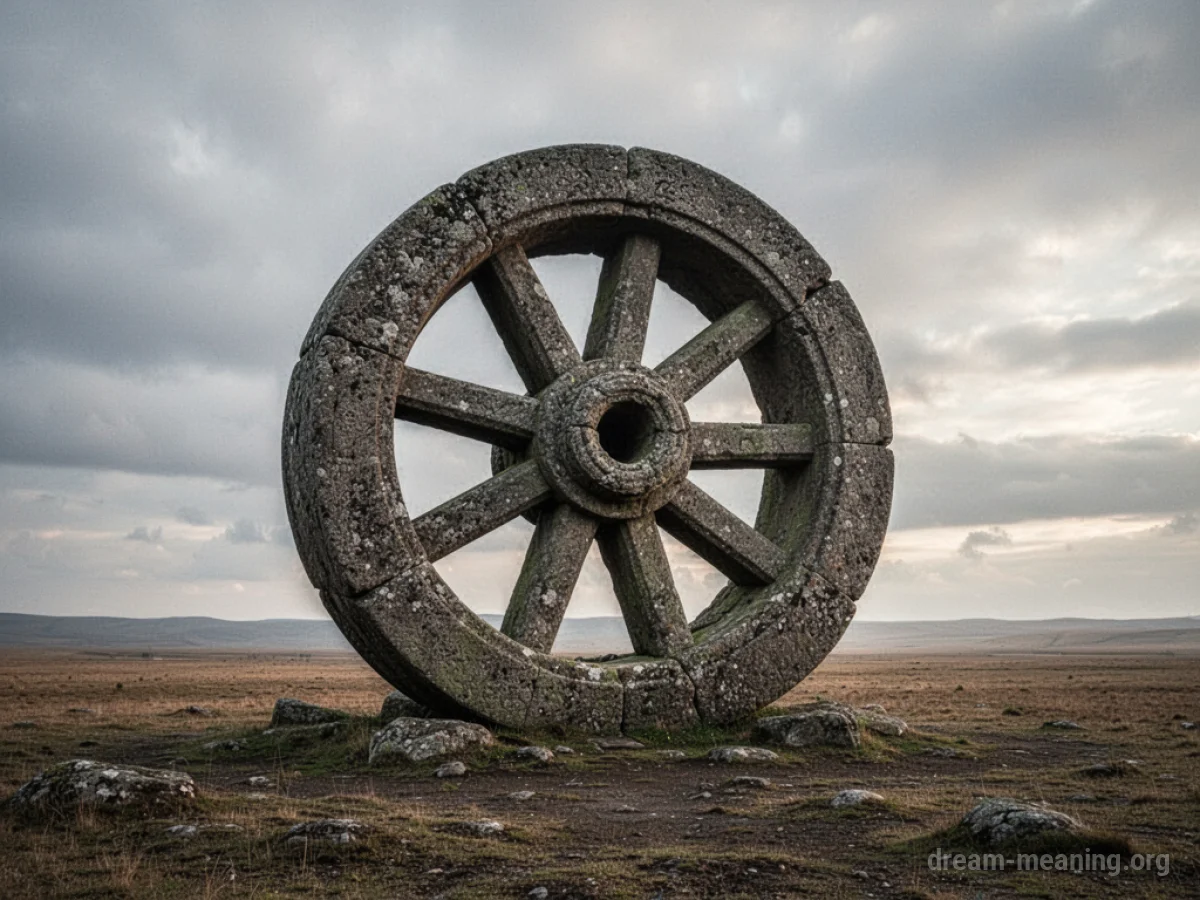 A massive stone wheel standing upright in a desolate, open field.