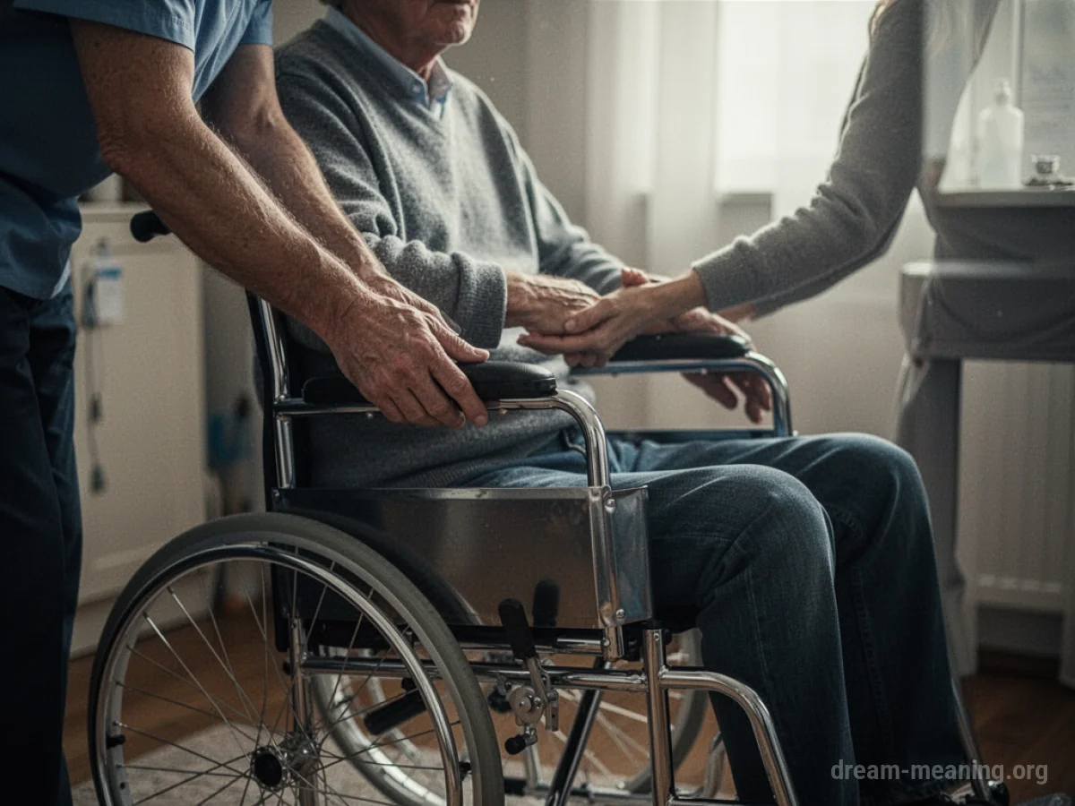 Two people, one offering a wheelchair to another.