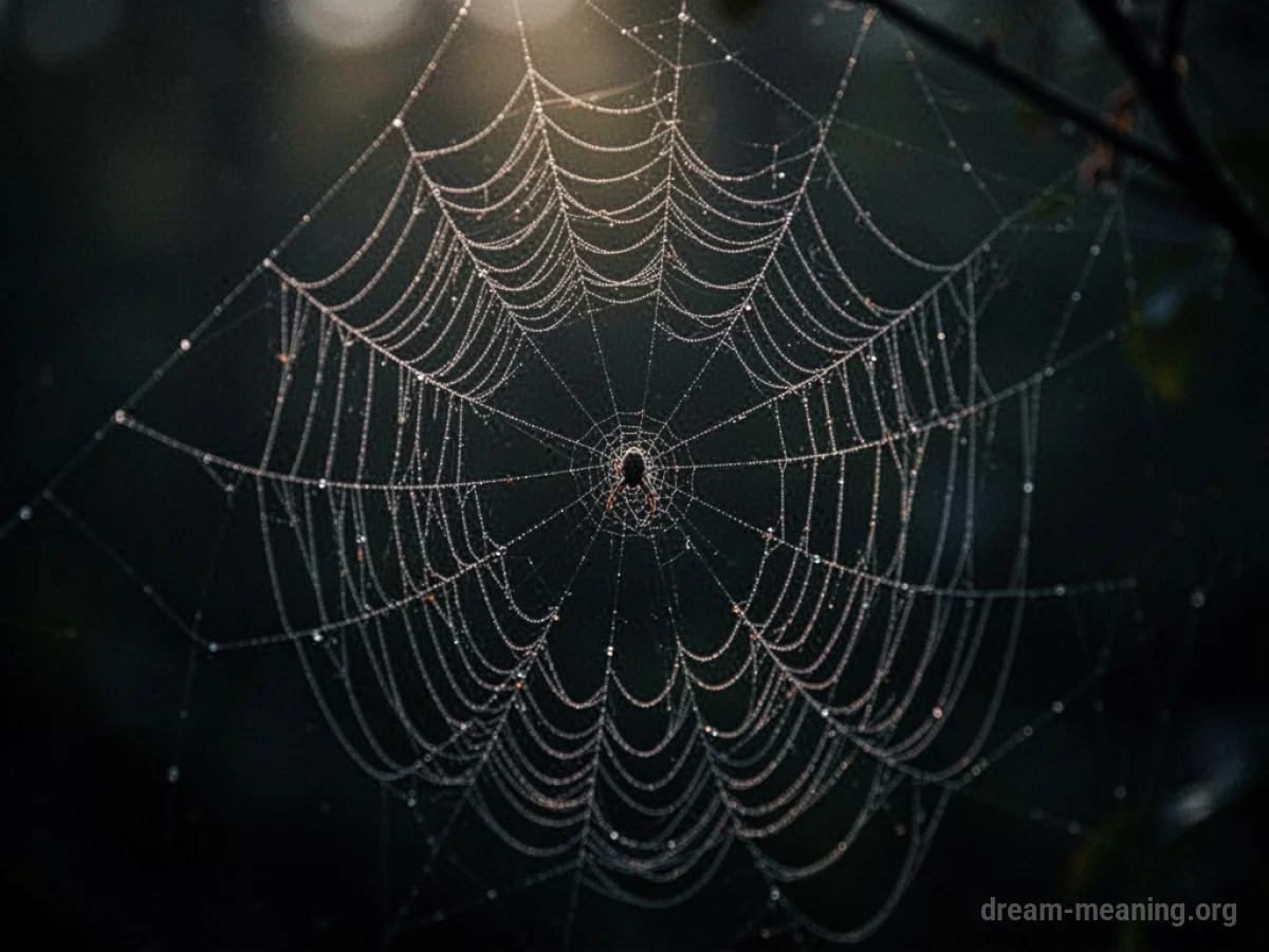 A spider web with a faint internal luminescence in darkness.