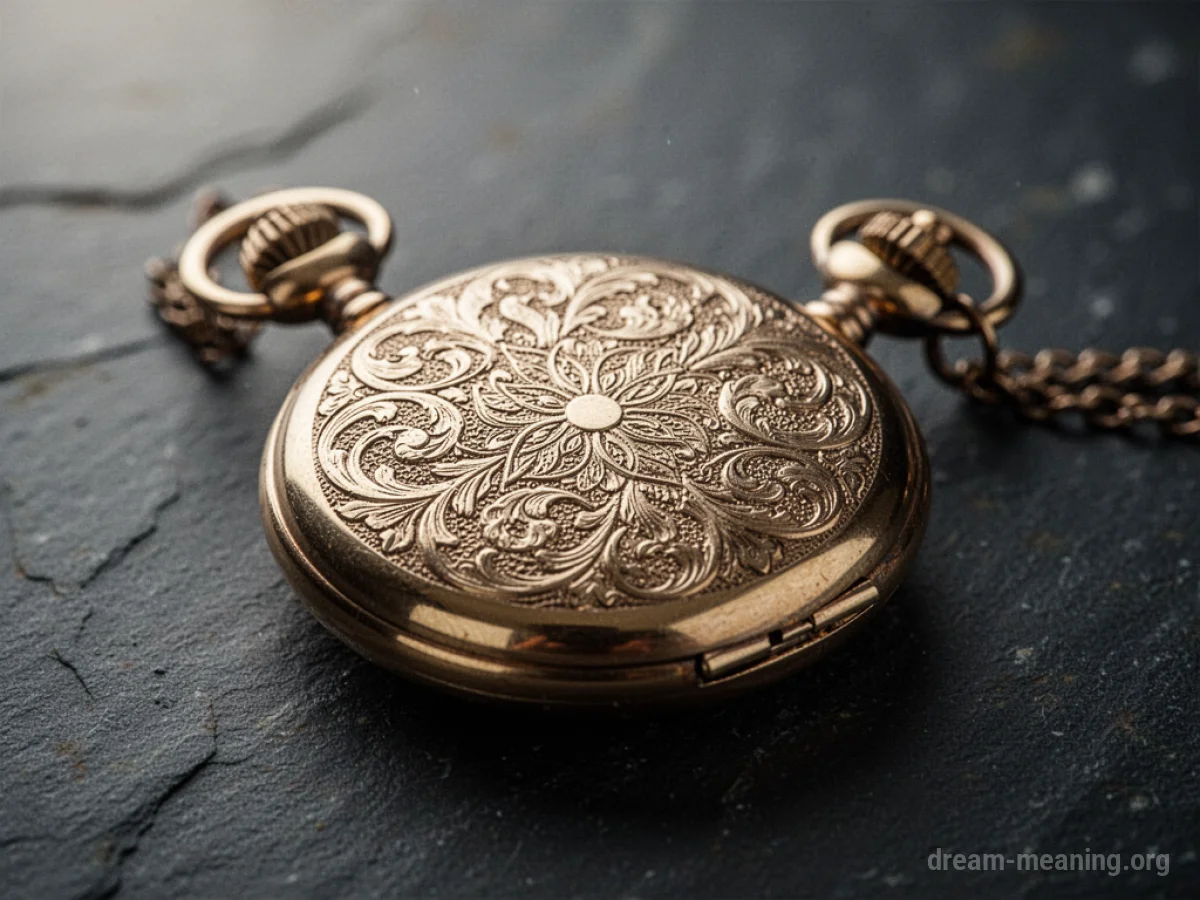 A close-up view of an ornate gold pocket watch.