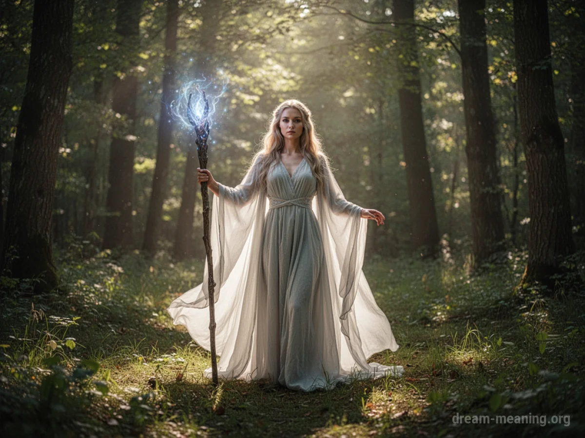 A woman in a robe holds a staff in a forest.