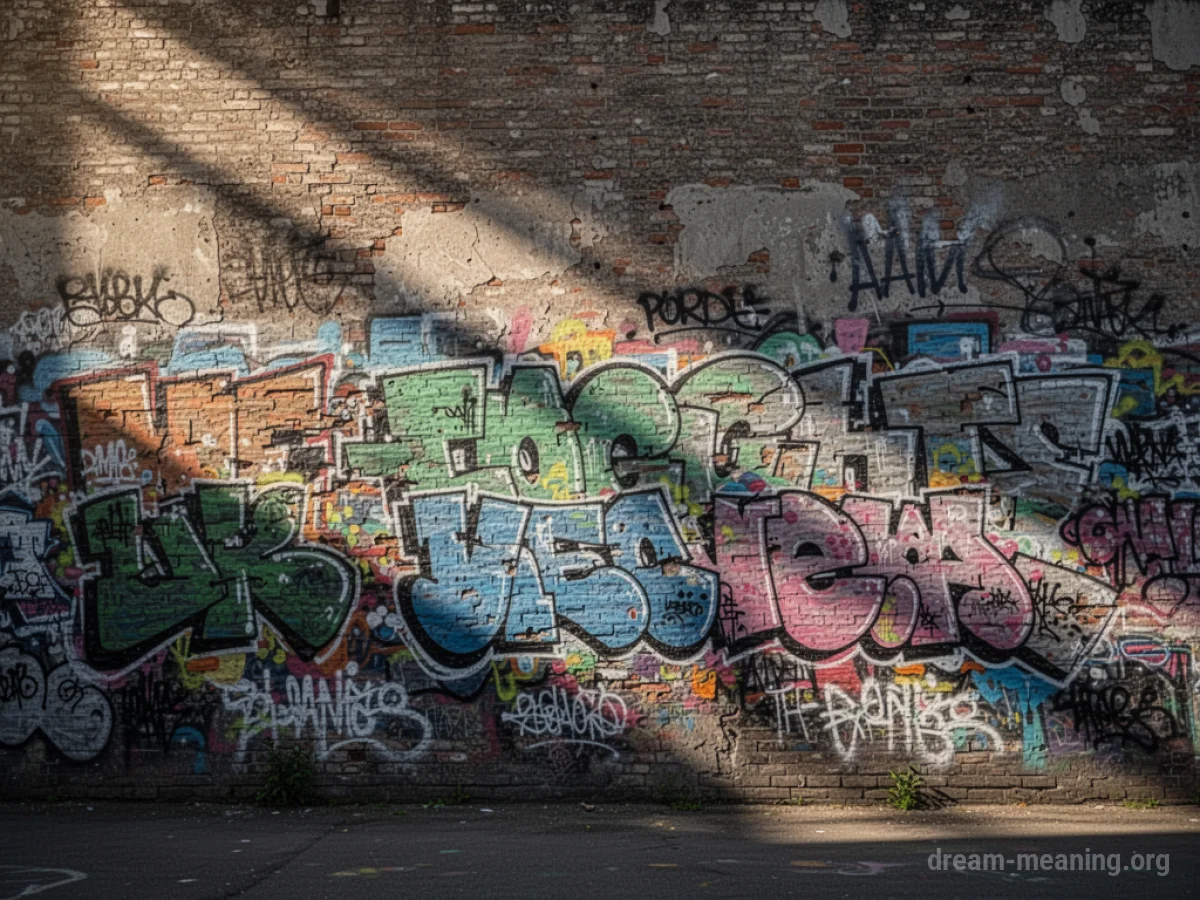 A brick wall covered in colorful spray paint art.