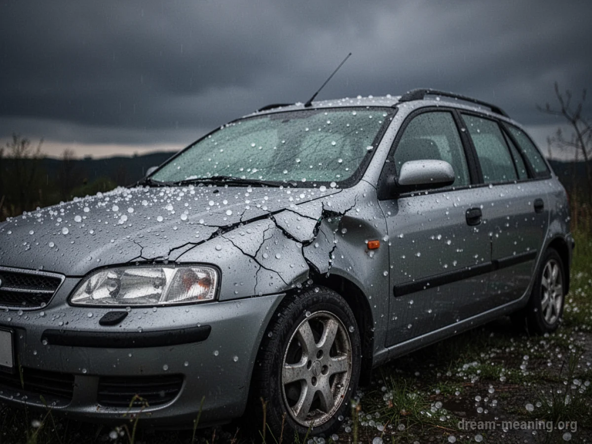 A car with dents and cracked windows under a dark, cloudy sky.