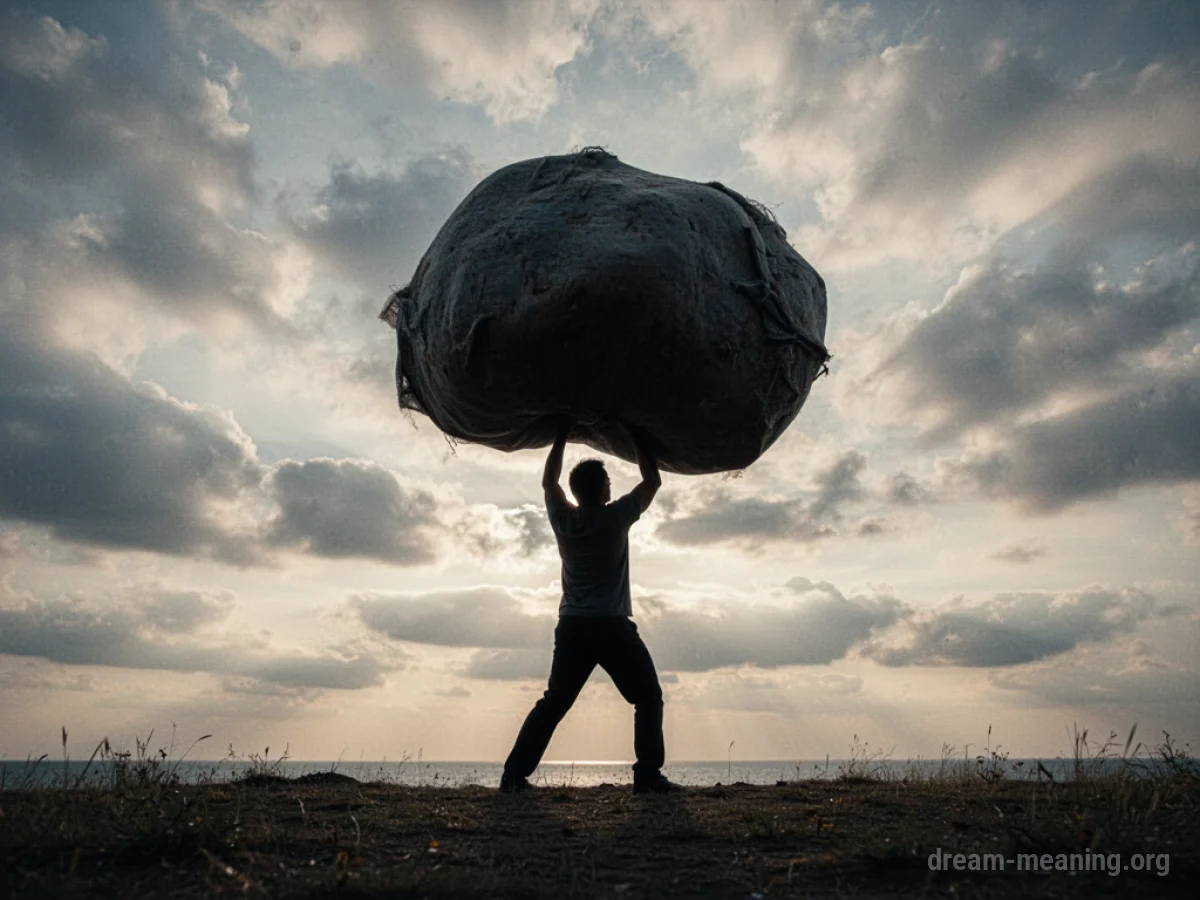 A lone figure burdened by an unseen weight under a stormy sky.