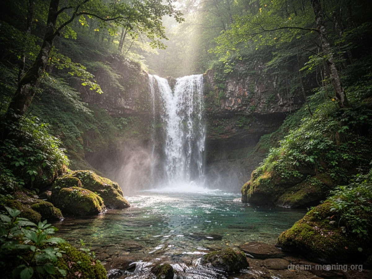 A hidden waterfall in a dense forest, with water flowing into a serene pool.