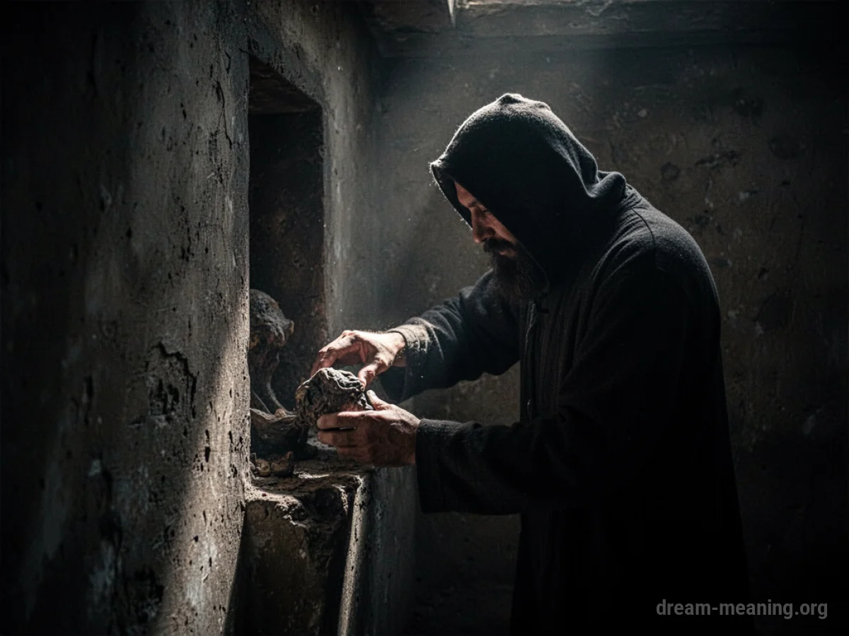 A person's hands placing an indistinct object into a hidden space.