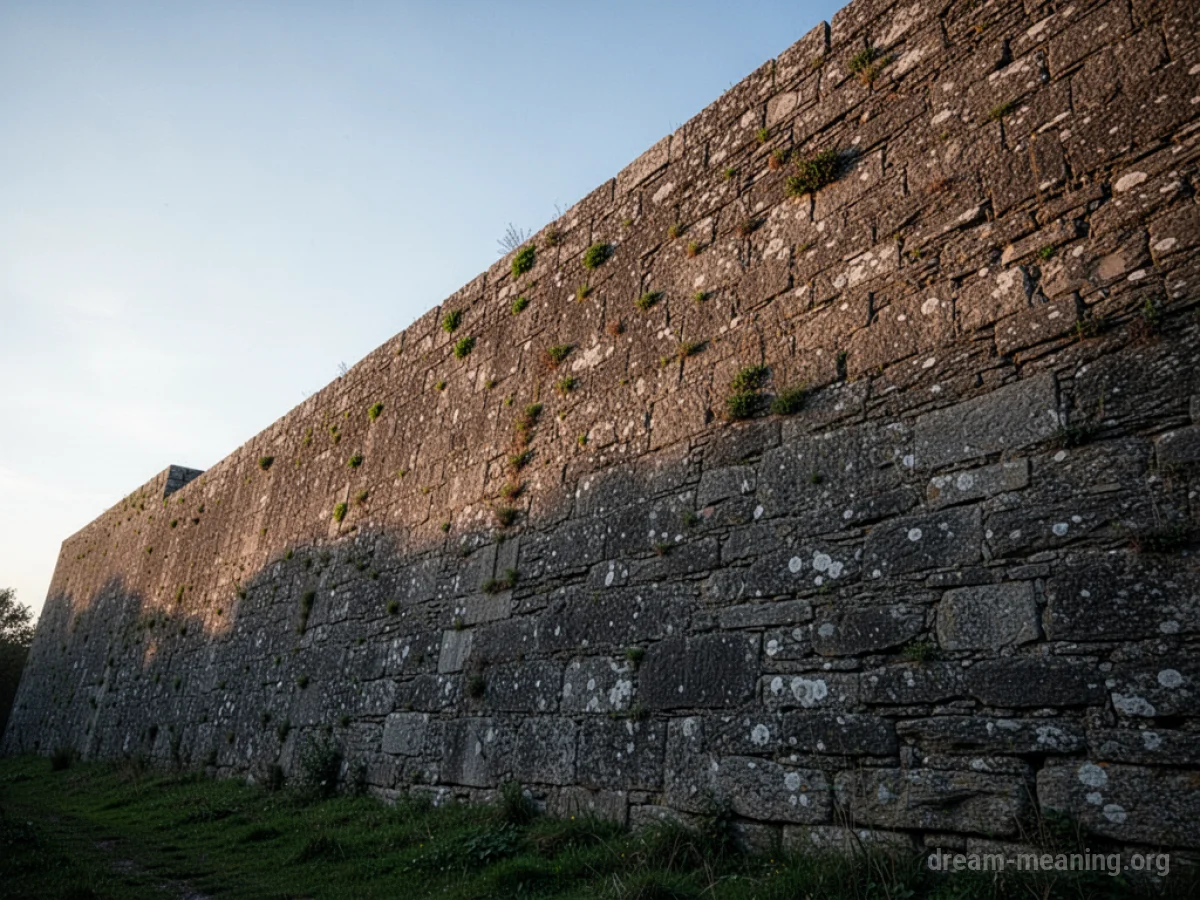 A very tall stone wall reaching towards the sky.