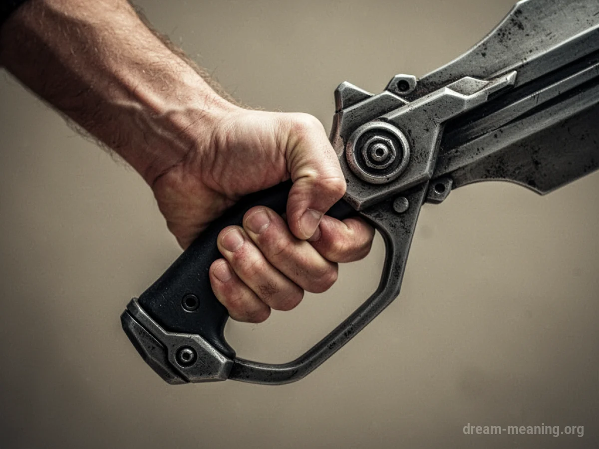 A hand holding the grip of an indistinct object.