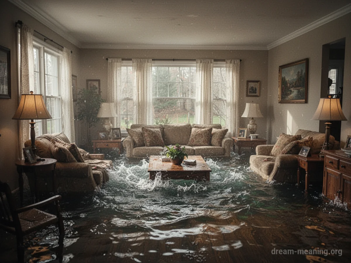 Water filling the interior of a house, covering furniture.