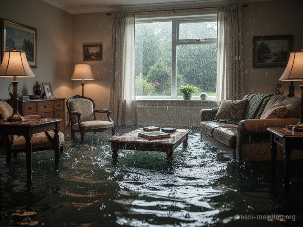 Water filling a living room with furniture floating.