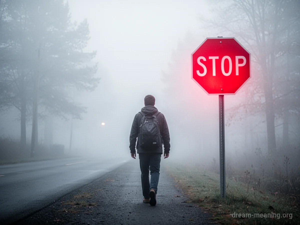 A person walks away from a foggy red stop sign.
