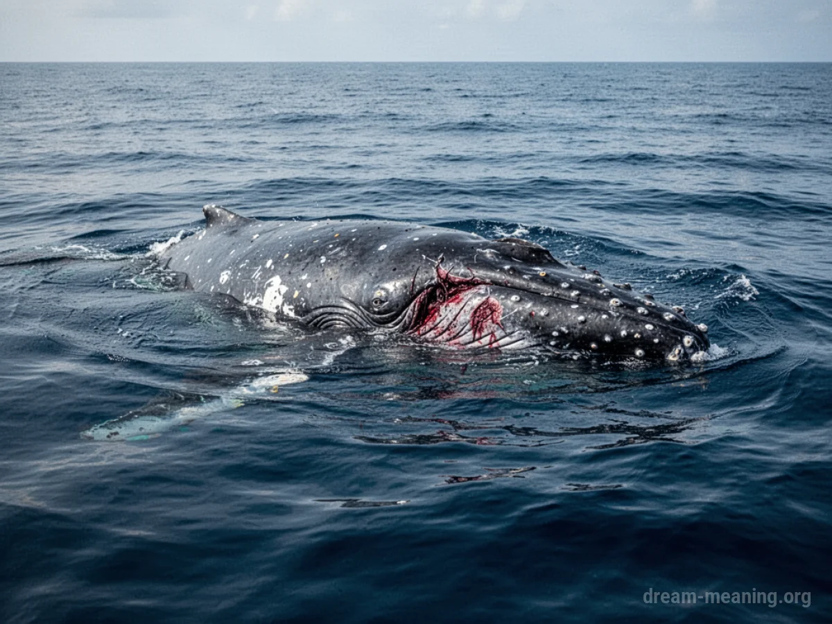A whale with visible injuries floating in the ocean.