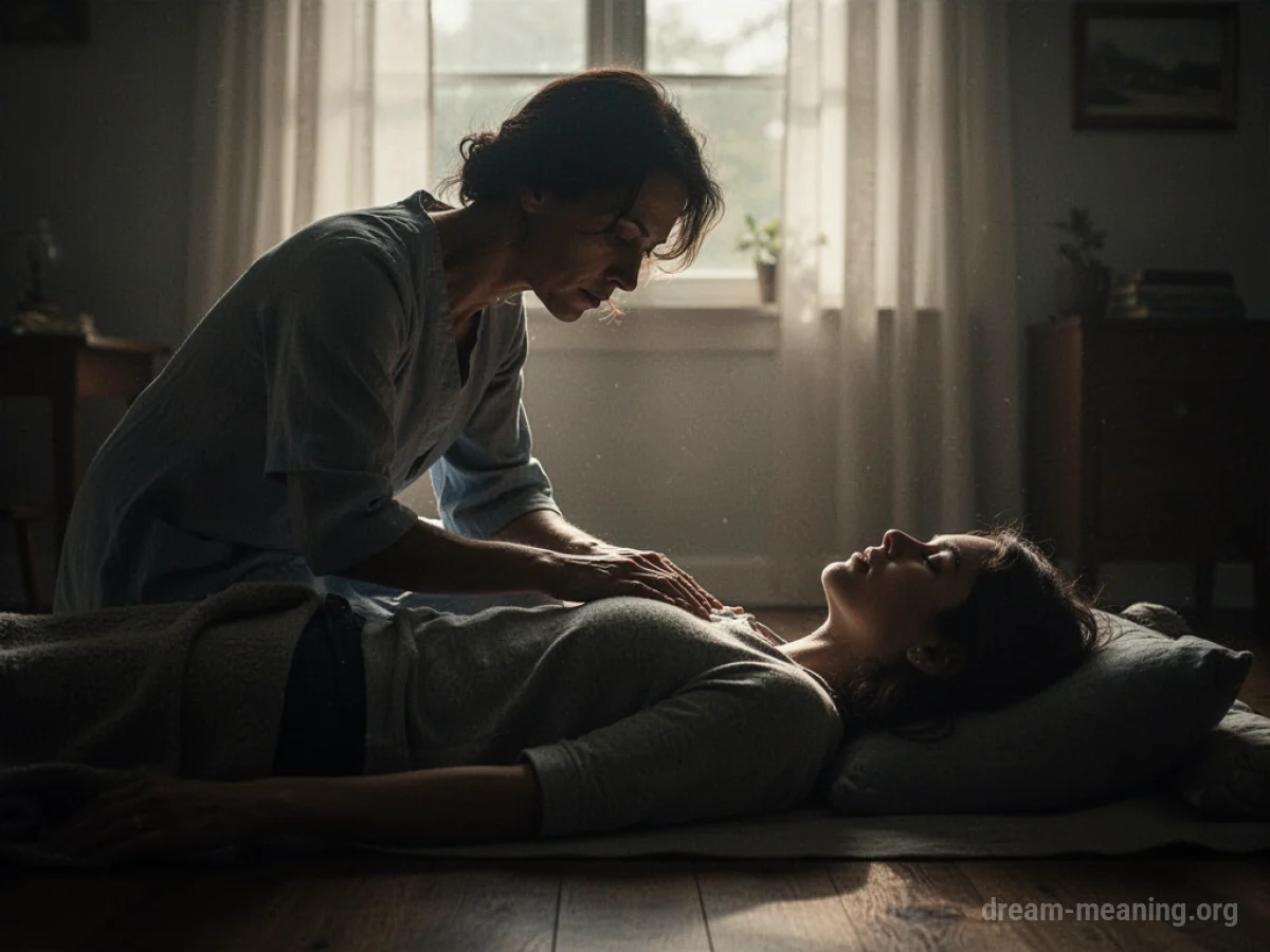 Silhouette of one person caring for another lying down.