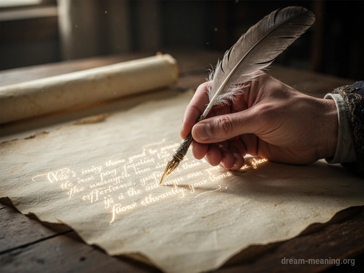 A hand writing with a quill on parchment, with faint, glowing text.