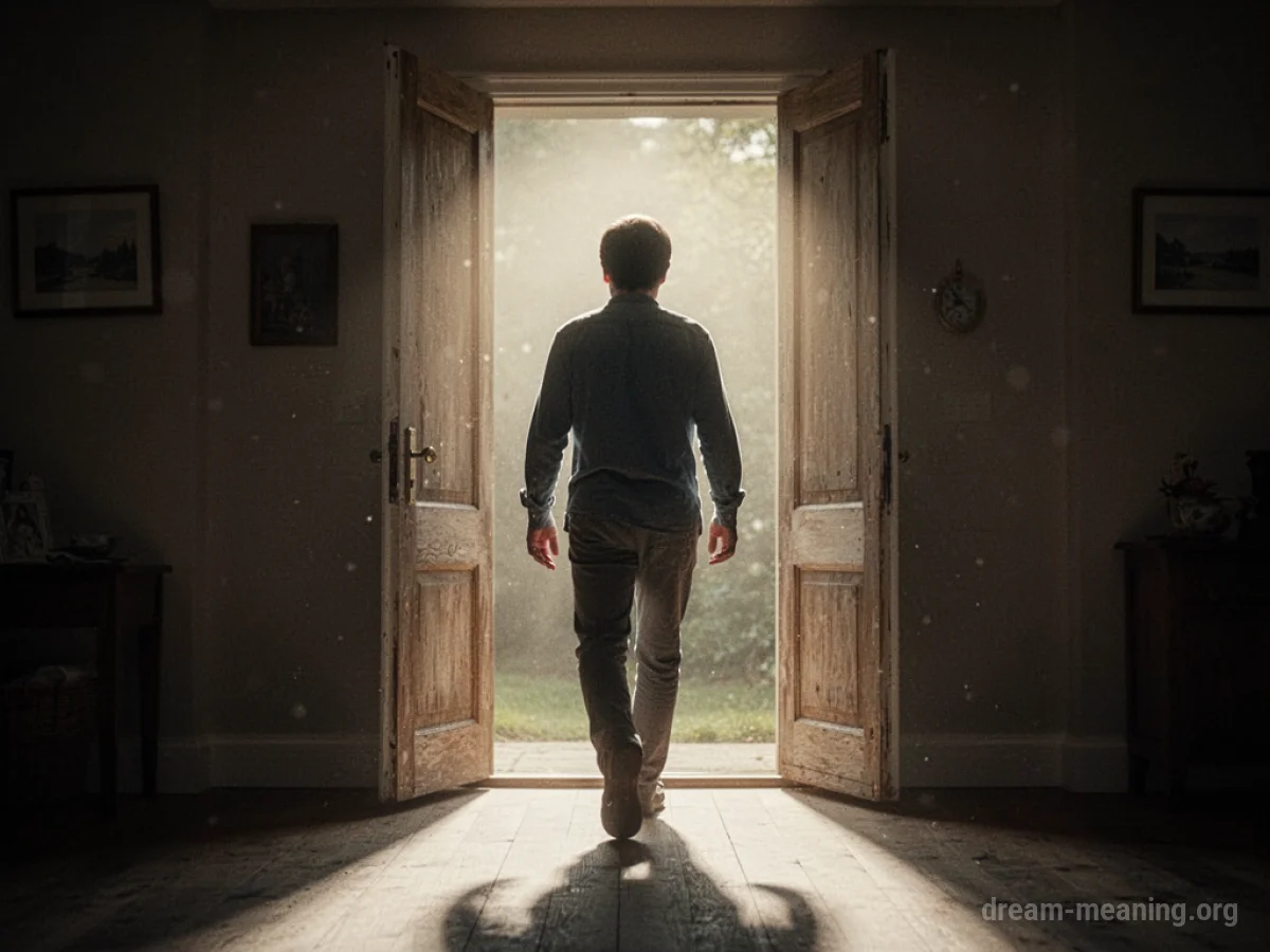 Silhouette of a person walking through a bright doorway.
