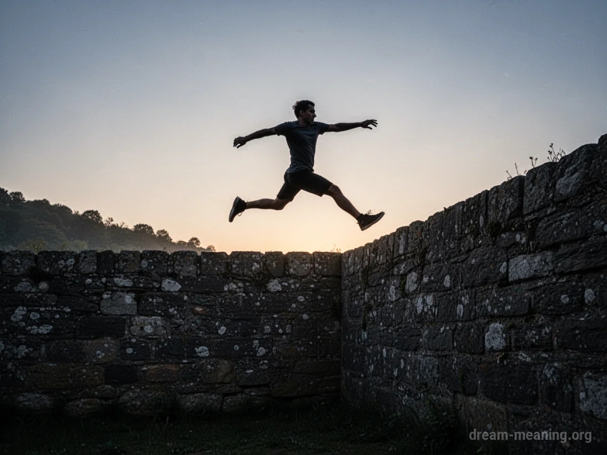 A silhouette leaping over a wall.