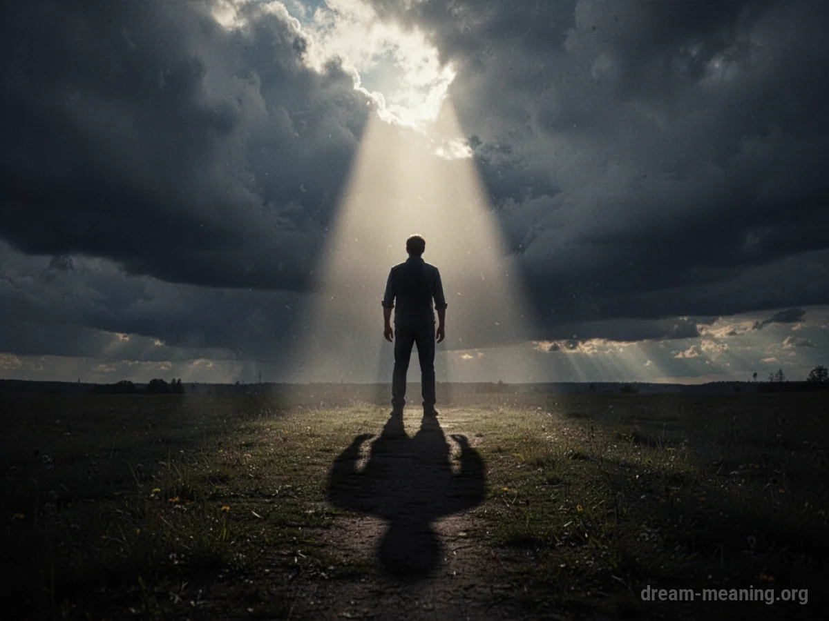 Silhouette of a figure vanquishing a shadowy form under dramatic clouds.