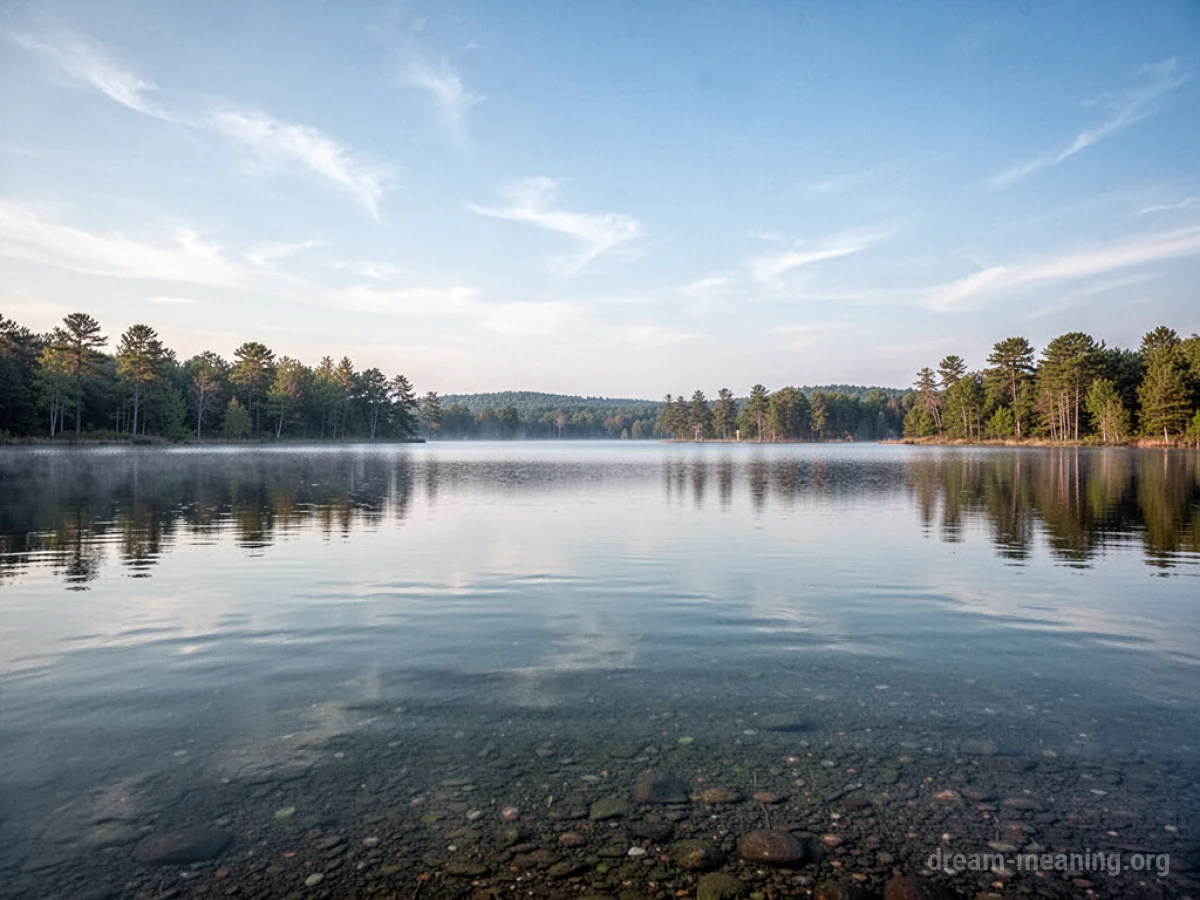 A calm lake surface reflecting the sky.