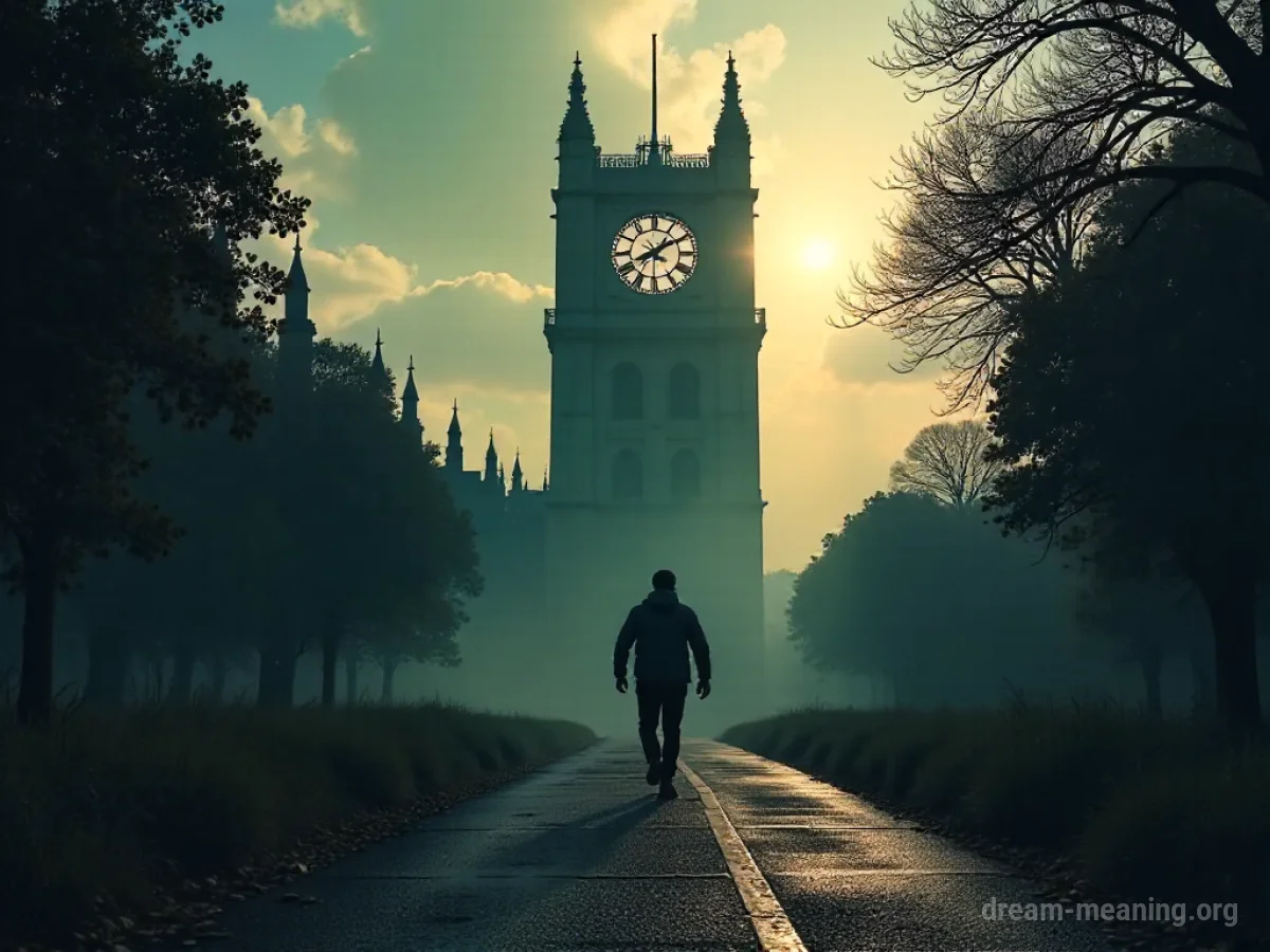 Silhouette of a person running down a long hallway towards a door.