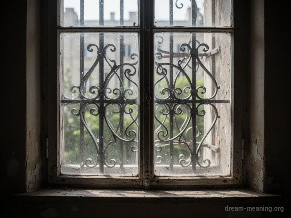 A window with thick metal bars obscuring the view.
