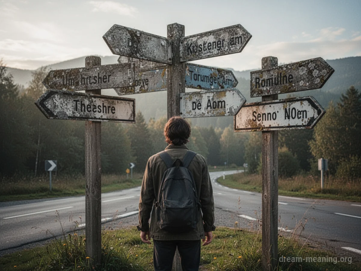 A person at a road junction with many directional signs.