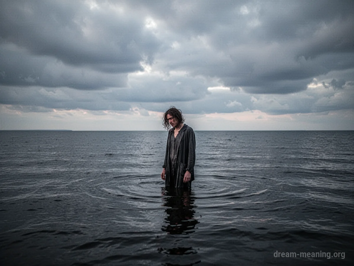 A person stands in deep, dark water with no land in sight.