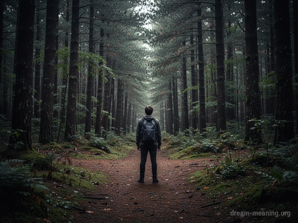A person stands at a fork in a dense forest path.