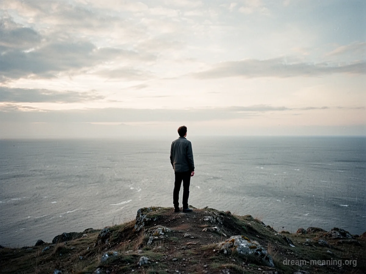 A lone figure stands on a cliff overlooking a foggy, empty landscape.