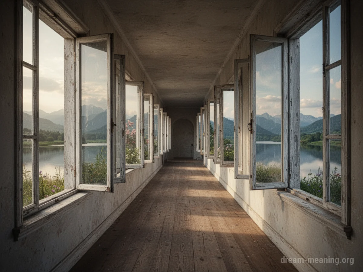 A long hallway with many open windows.