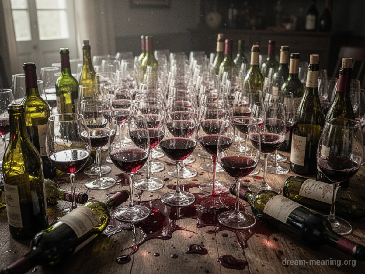 A table covered in numerous wine bottles and glasses, with some wine spilled.
