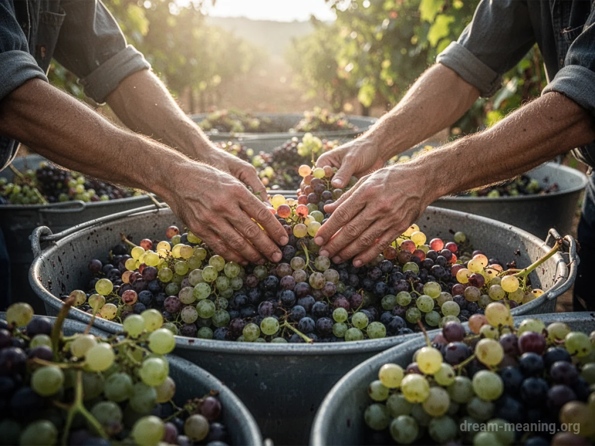 Hands working with grapes in large fermentation vats.