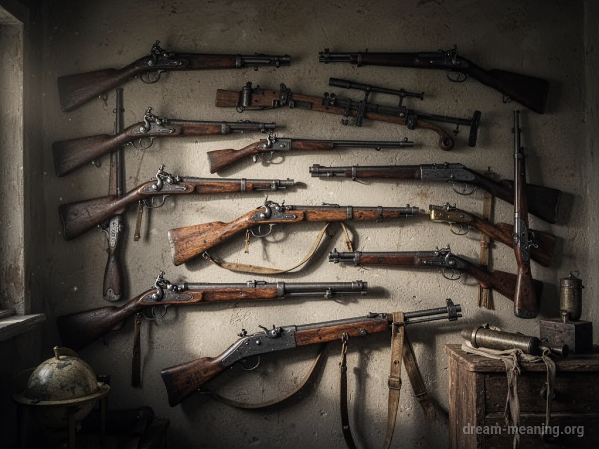 A collection of various weapons displayed on a wall.