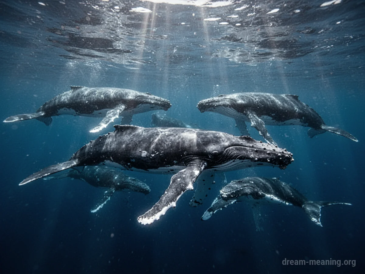 Multiple large whales swimming in the ocean.