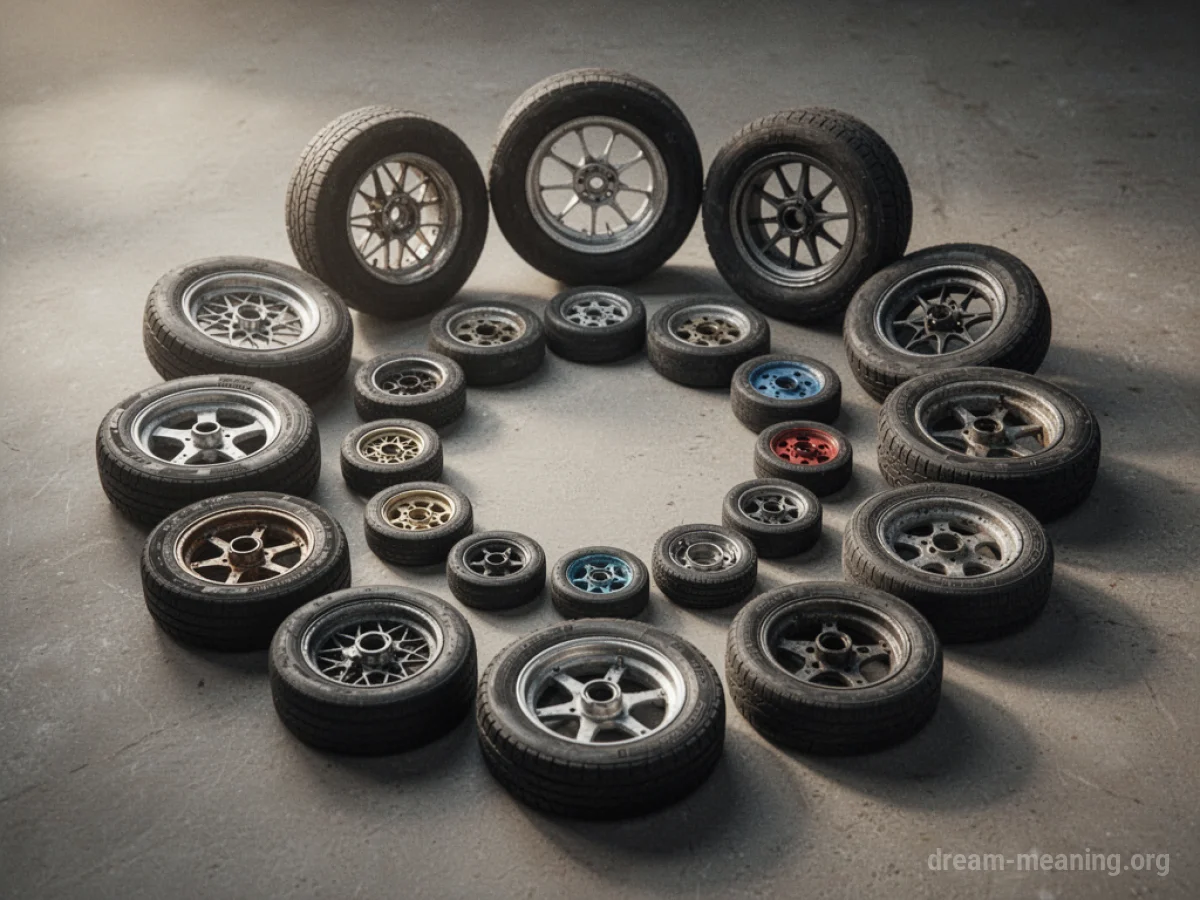 A close-up view of several different types of wheels.