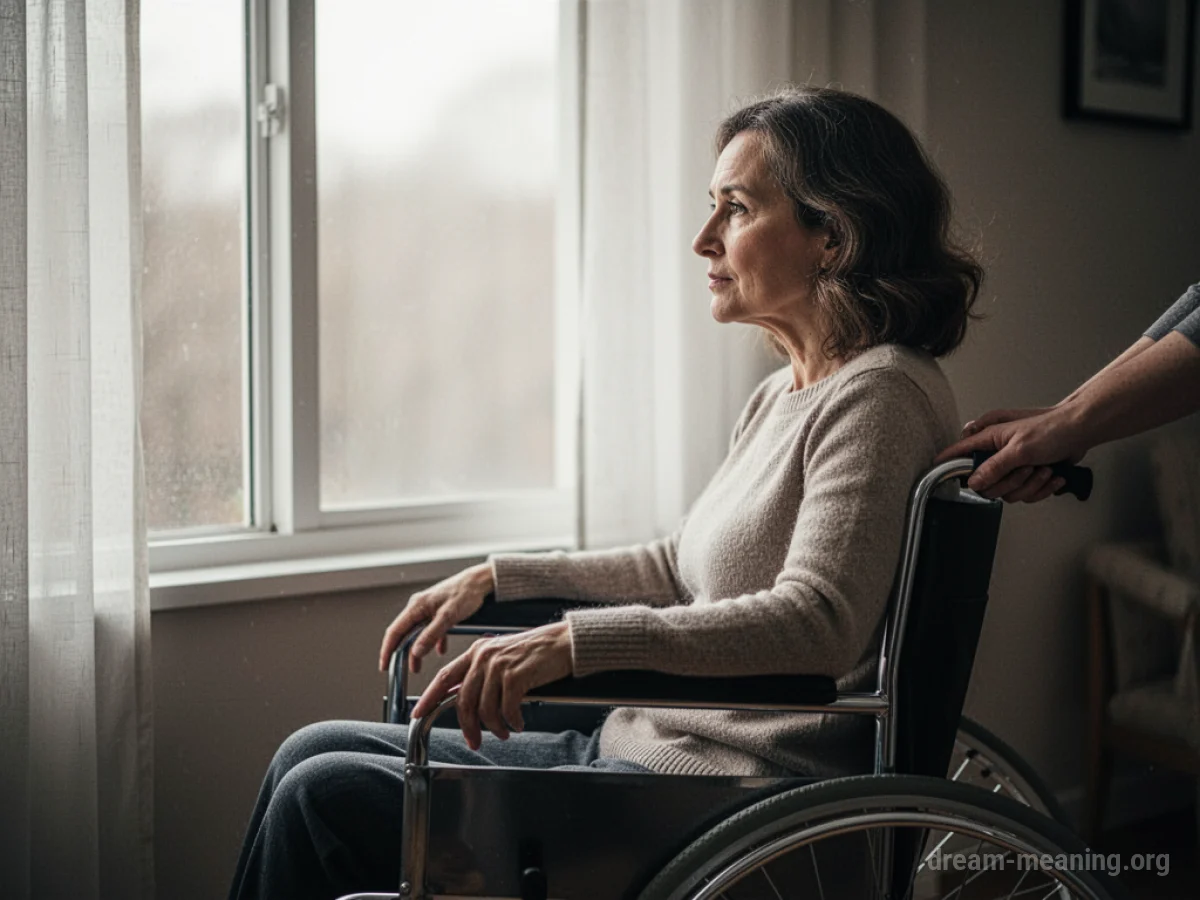 A woman in a wheelchair gazing out a window.