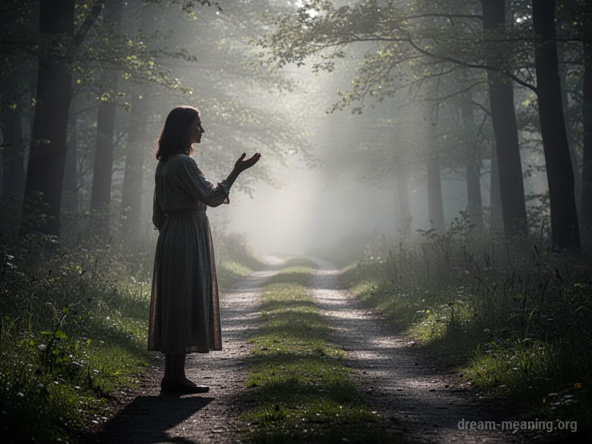Silhouette of a mother figure gesturing towards a misty path.