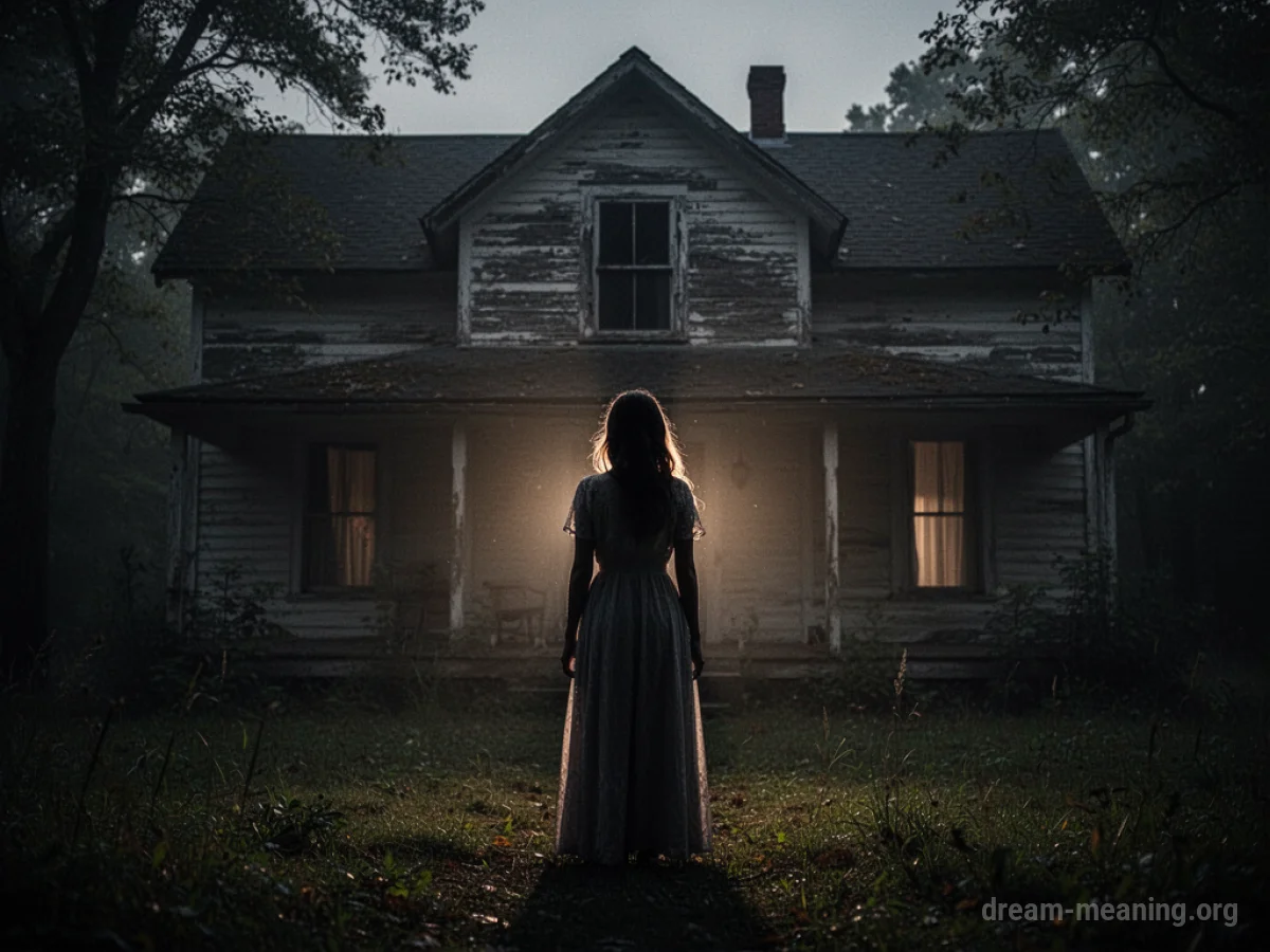 Silhouette of a woman in front of a house.