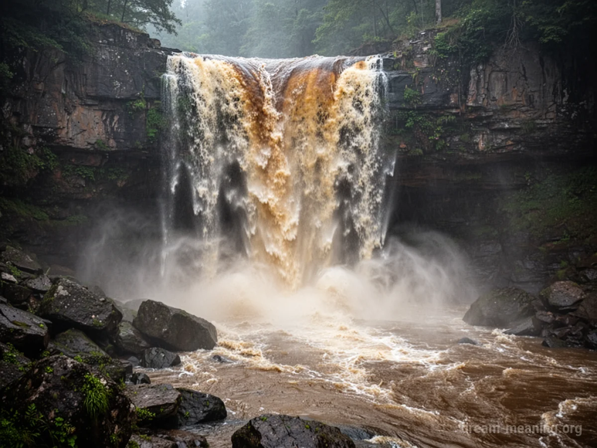 A waterfall with murky brown water.
