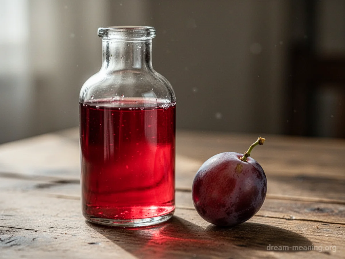 A glass bottle of red wine next to a grape on a wooden surface.