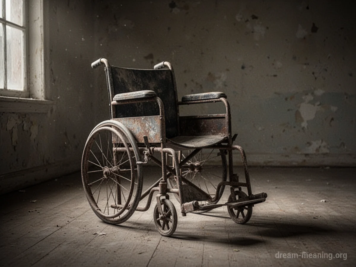 An antique wheelchair covered in dust in a dark room.