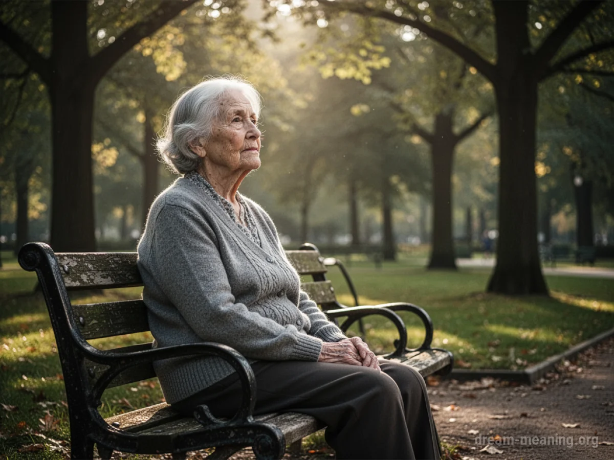 An elderly woman sitting on a park bench.