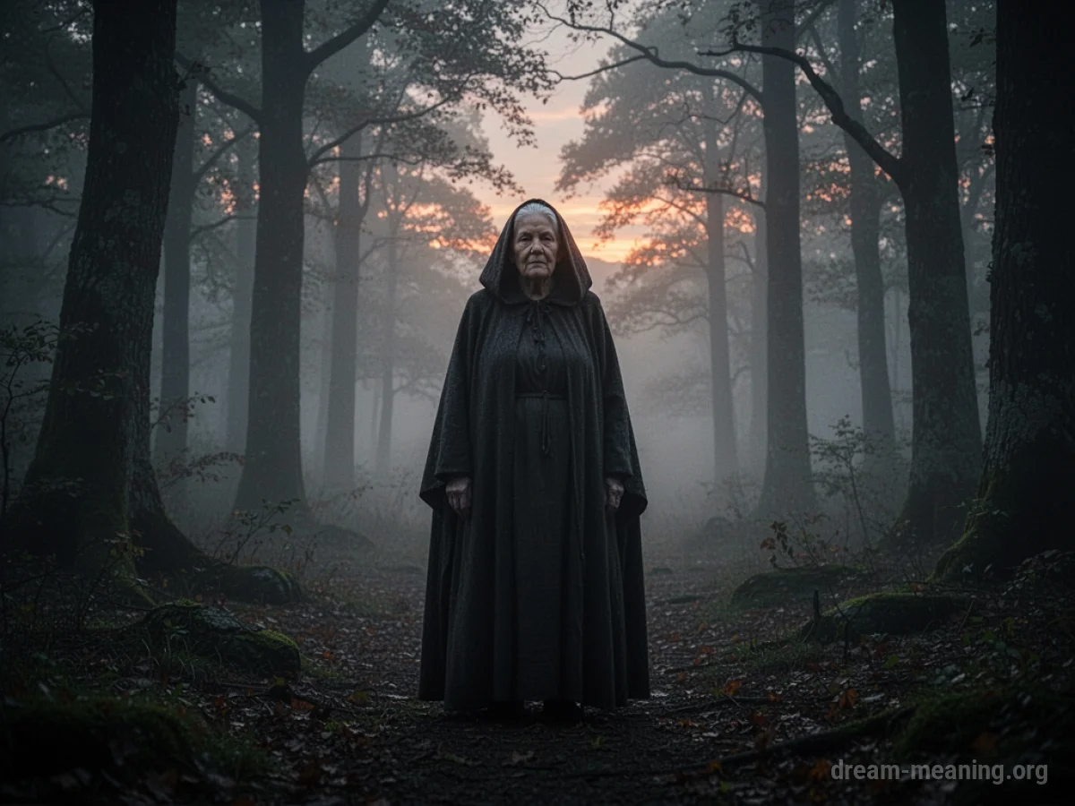 Silhouette of an old woman in a cloak against a misty forest background.