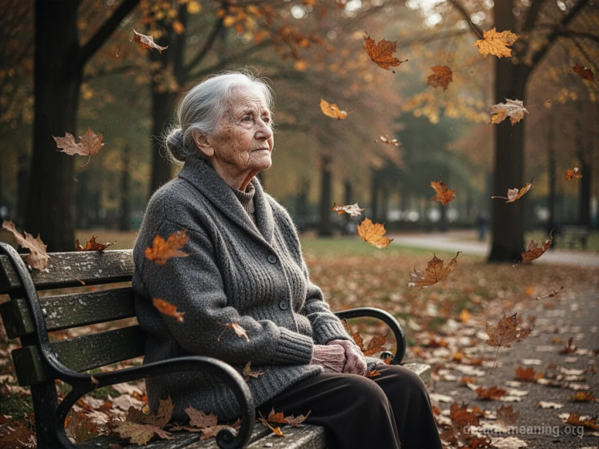 An elderly woman sitting on a park bench with falling autumn leaves.
