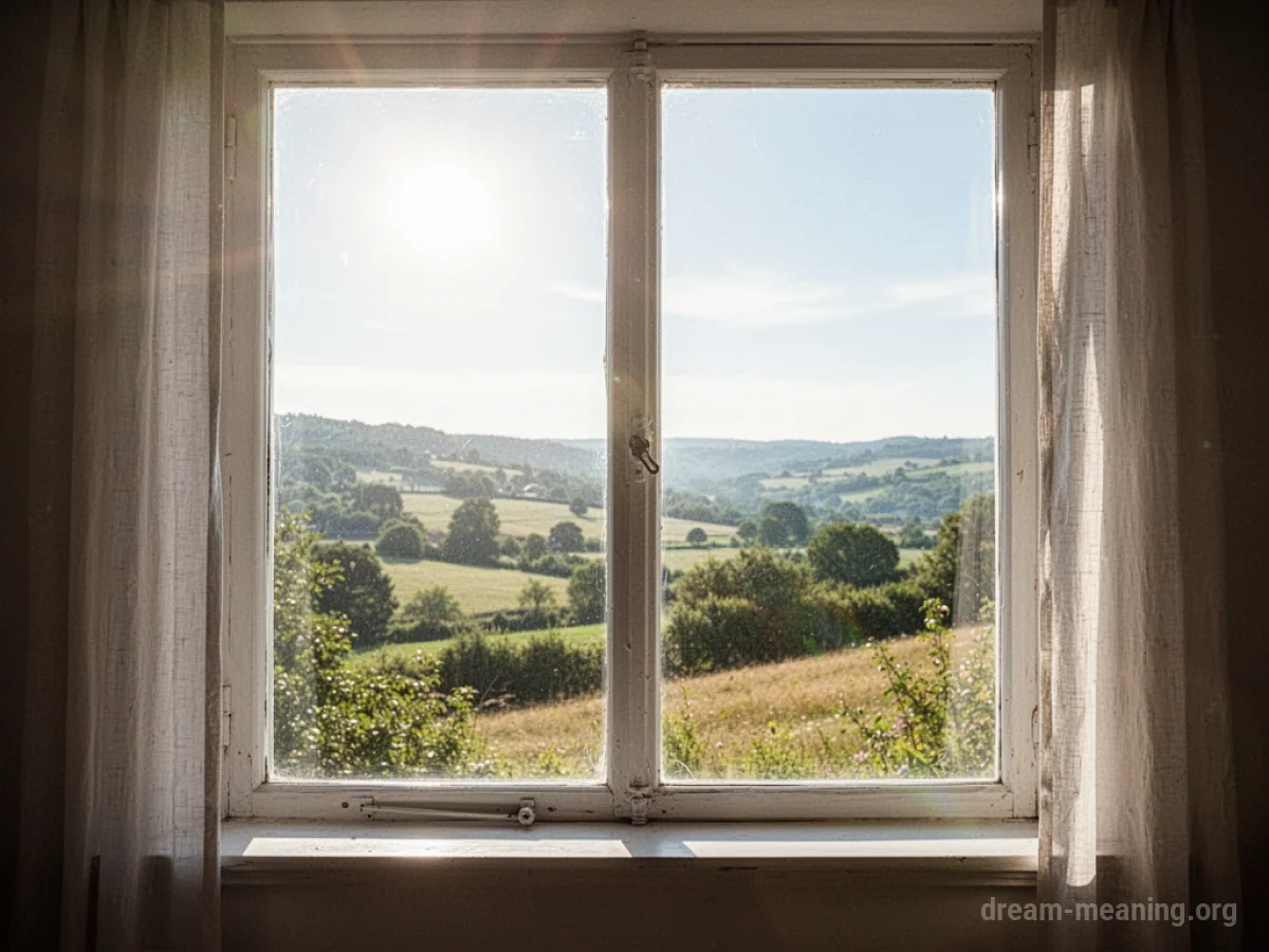 A clear window looking out onto a sunlit field.