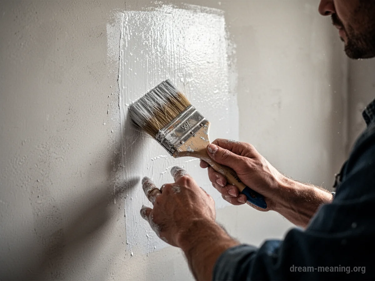 Hands painting a wall with a brush.