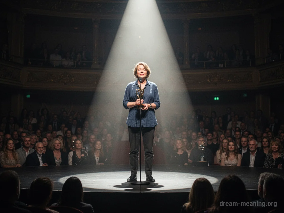A person standing in a spotlight on a stage holding an award.