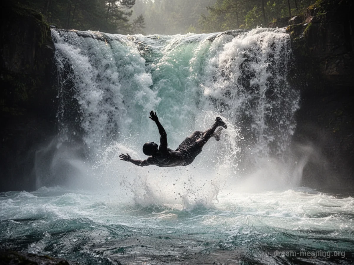 Silhouette falling into a turbulent waterfall.